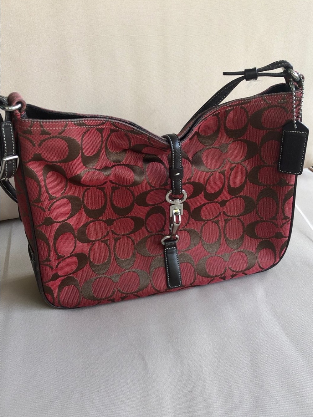 Coach Red and Brown Signature Shoulder Bag